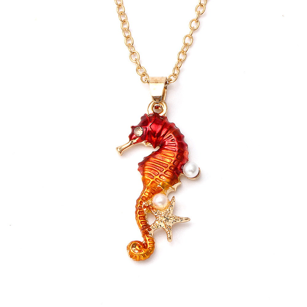 Oil Drop Inlaid Diamond Seahorse Pearl Clavicle Chain Creative Ocean Element Starfish Pendant Fresh Necklace for Women