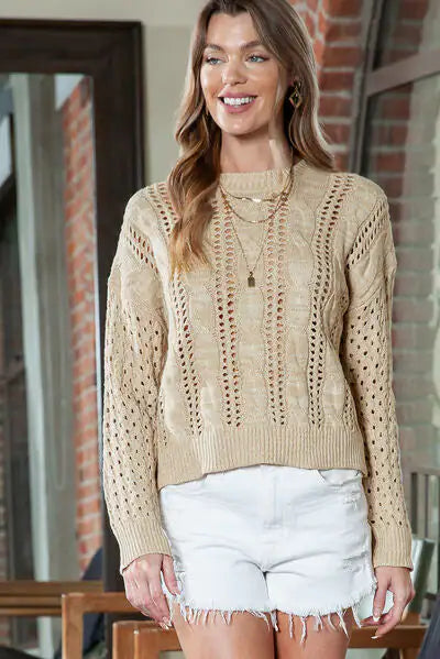 Full Size Openwork Cable-Knit Round Neck Knit Top-